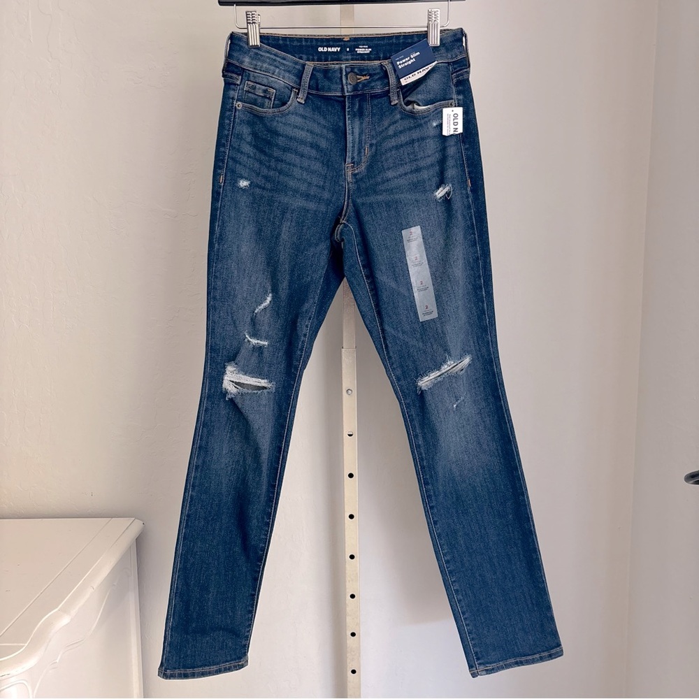Old Navy Women’s Power Slim Mid Rise Straight Jeans Med Wash, Size 2